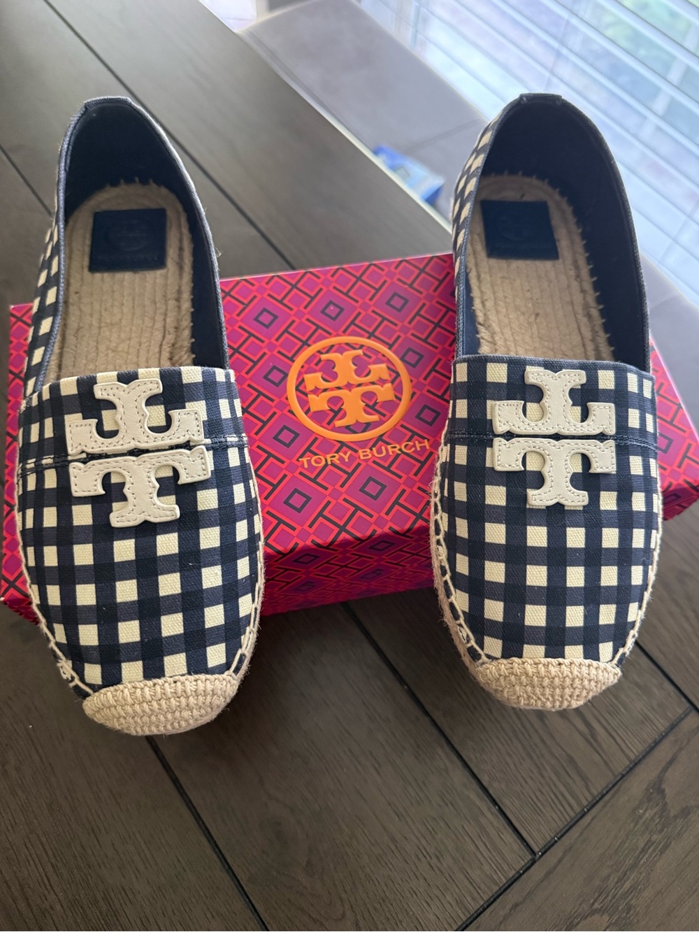 Tory Burch Navy and White Gingham Espadrille Flats - Picture 2 of 10
